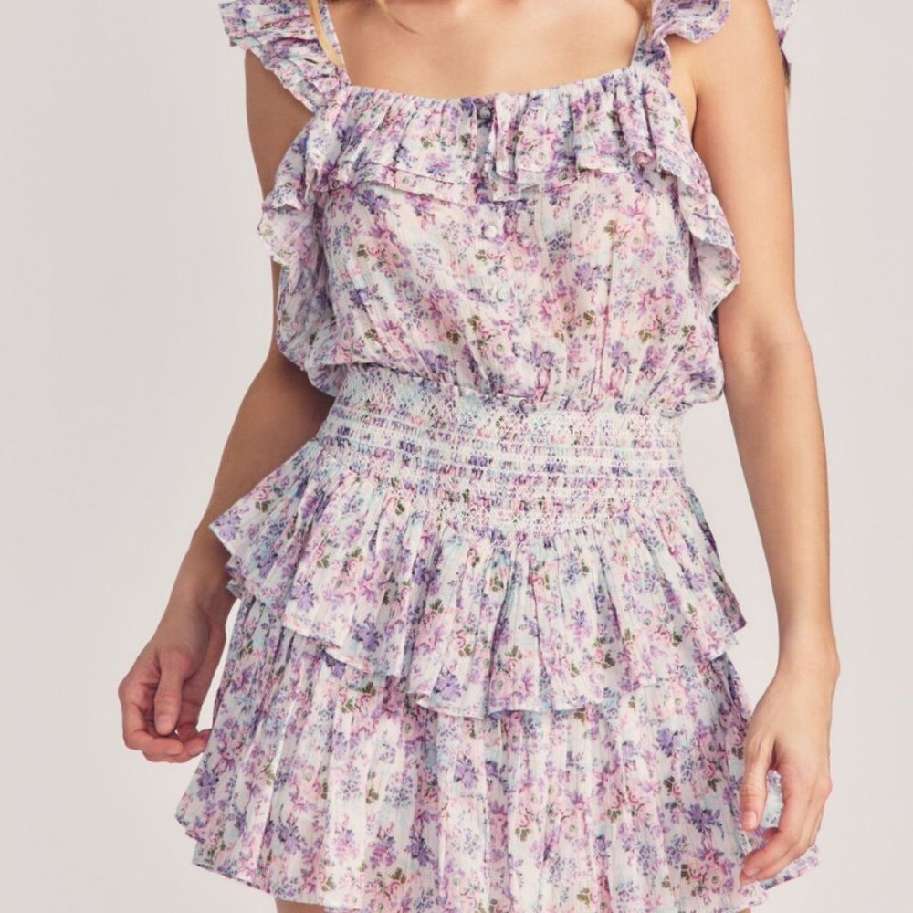 LoveShackFancy Shanely Mini Dress Purple Floral Pattern